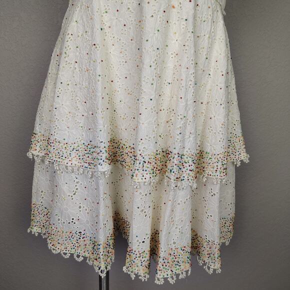 FARM Rio Boho Ivory Eyelet Lace Patch Beaded Tiered Mini Dress Size Medium - Picture 12 of 15